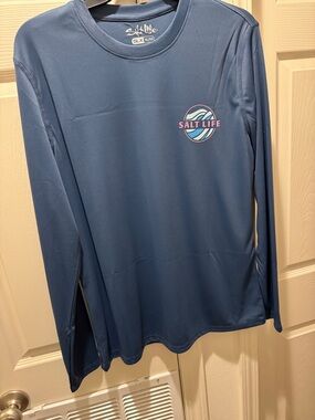 Salt Life Men's Long Sleeve Rash Guard - Slate Blue with Pink Logo